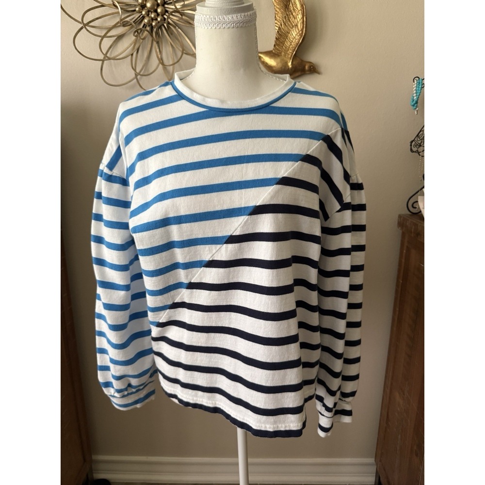 Addison Bay Medium Blue Navy Stripe Pullover Sweatshirt 100% Cotton M